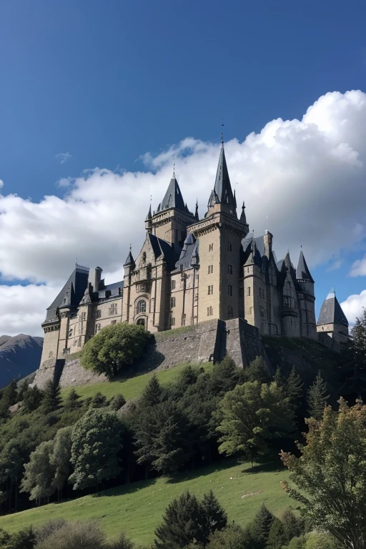 Medieval style castle, large and dark, located on a mountain in New Zealand, with various trees making way for the castle. A place that looks like it came out of the books.