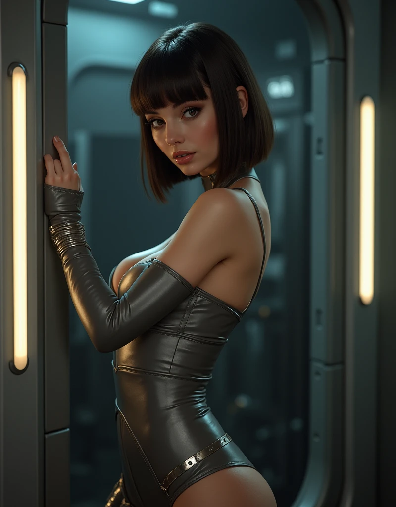 score_9, score_8_up, score_7_up, score_6_up, score_5_up, score_4_up, realistic style, photo, photorealistic, high detail, (sharp), BRAKE, beautiful brunette, bob haircut, makeup, round face, full lips, brown eyes, plump, huge breasts, gray leather bodysuit, metal cuffs, cleavage, leather thigh boots, posing, on space station, looking at viewer, dramatic lighting, dim light,
