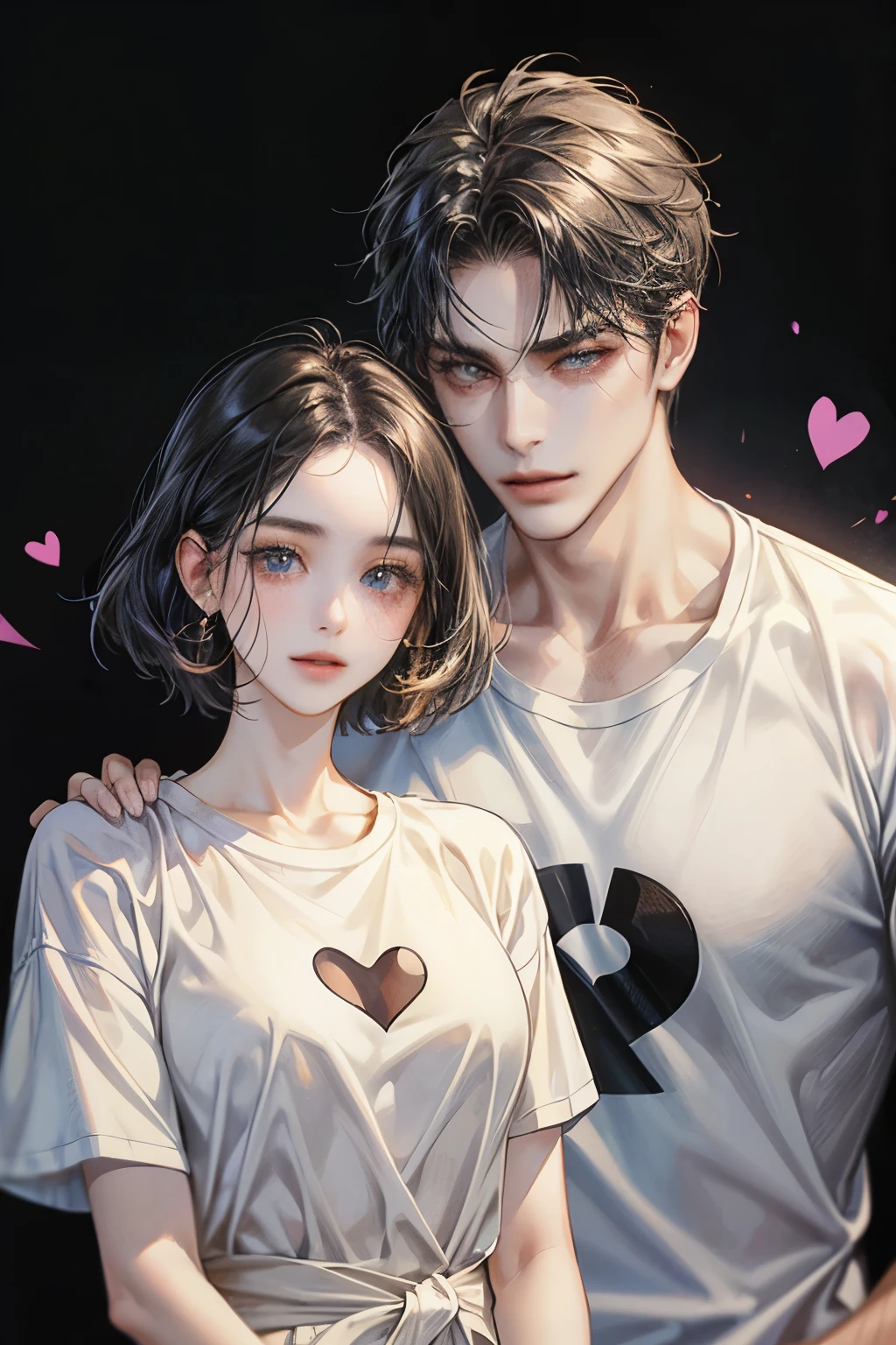 man and woman,Couple taking photos,handsome,A man wearing a white shirt.,A woman wearing one-piece clothing,man and womanยิ้ม,heart,parts, t-shirt,
black hair, simple background, กอดแมวสีดำ
