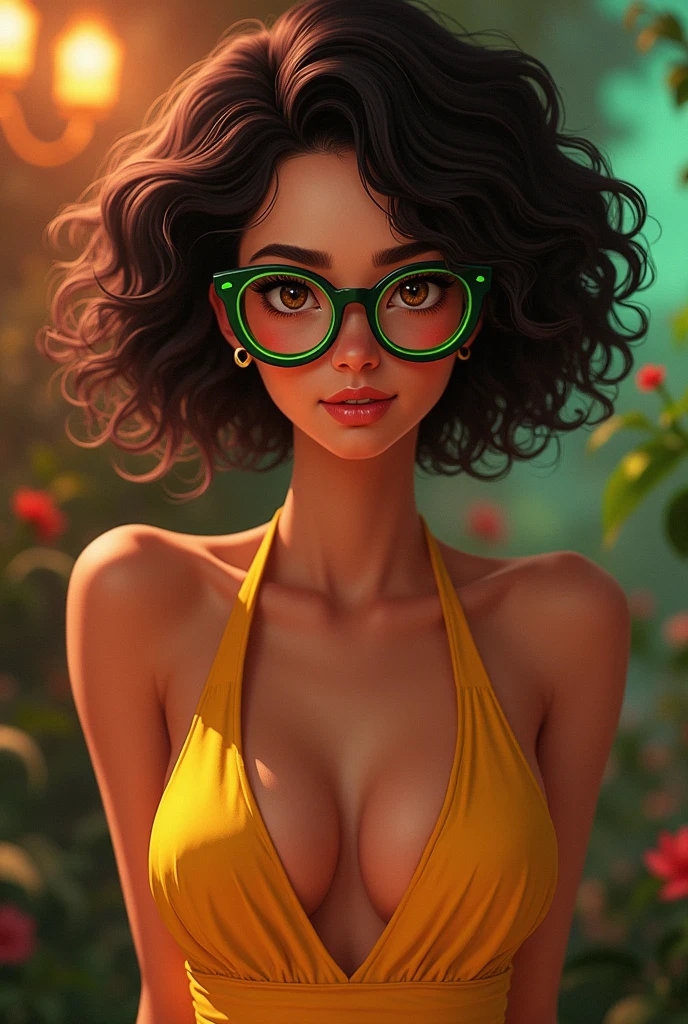 Mirabel from Encanto, Disney, Pixar, short curly hair. Green round glasses, looking sexy, revealing clothes, perky breasts, cleavage