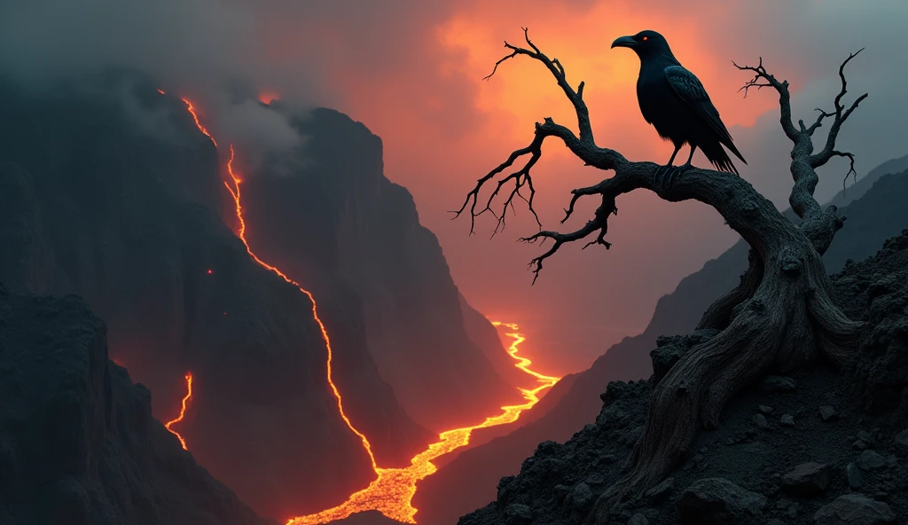 Create a surreal scene featuring a bird made of saws, resembling a crow, perched on a twisted, barren tree. The tree is growing on the edge of a jagged, rocky mountain with streams of glowing lava flowing down its sides. The environment should be dark and ominous, with the fiery glow of the lava casting eerie shadows. The sky above is filled with ash and smoke, adding to the intense and foreboding atmosphere