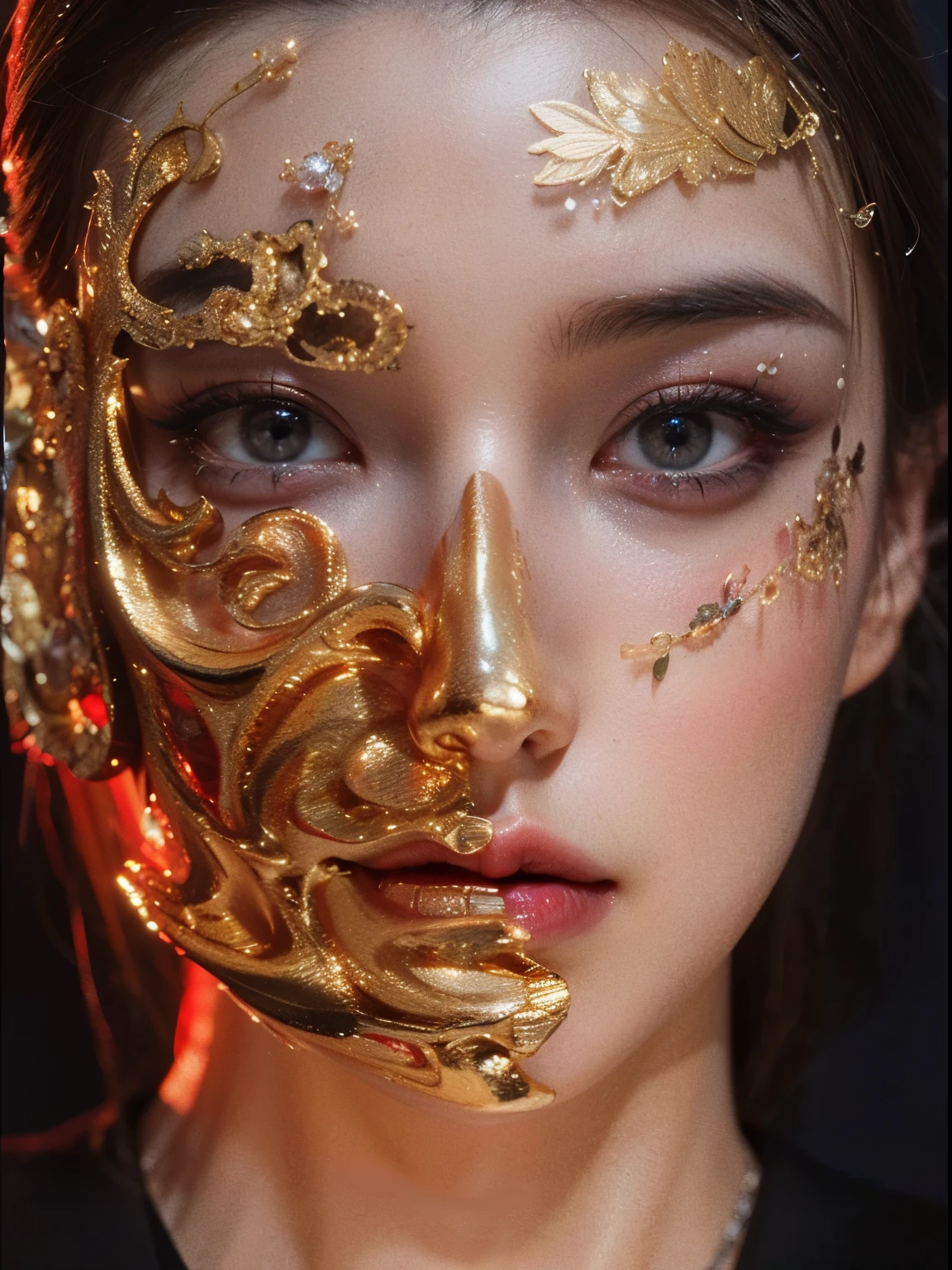 Game Art，Best image quality，Maximum resolution，8K，(A bust photo)，(portrait)，(Head close-up)，(Rule of Thirds)，Unreal Engine 5 rendering works，20 year old girl，((Queen))，The eyes are very detailed，(Large Breasts)，Elegant and noble，light，Ray Tracing，Game CG，((3D Unreal Engine))，OC rendering reflection mode，4K，Ultra-clear，Sensual，Translucent lace，Fair and plump figure，Pretty Face，Glossy Gel Coat，身着华贵礼服的Queen，Crystal Gem Crown，Necklace jewelry，blue eyes，Gorgeous and intricate tattoo designs，Ultra-clear portrait，Sexy thick lips(Red lipstick)，Gorgeous clothing，Diamond Gold，Luxury Costume Jewelry，Diamonds of the Universe，Pearl gemstones，Extremely luxurious clothes，Gold face mask，gold mask，Symmetrical nose，