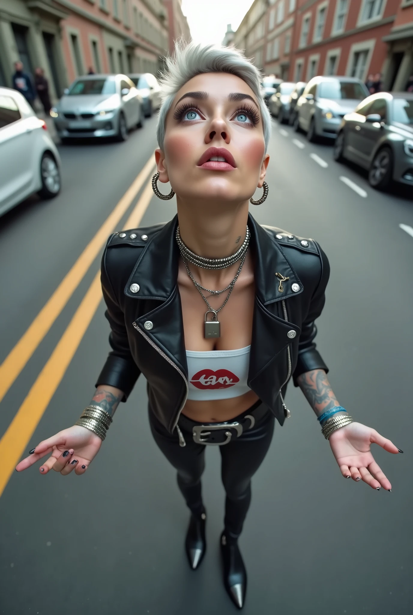 russian old milf woman, grey hair (quiff shaved sides), with very light blue eyes, extremely pale. Wearing cropped black moto jacket (badges on lapels), tank top with rock logo, skinny leather jeans and silver pointy Chelsea boots with cuban heels . Lots of metallic wide silver bracelets, a tacky chain and a padlock as a collar.mTacky studded leather belt with oversized chanel buckle. Wide loop earrings. Standing up, eyes and mouth wide open in amazement. Tilted head. Tattooed. Hands on her pockets. Chin up, looking up listening in amazement to God. Well toned abdominals, thin legs and thin arms.