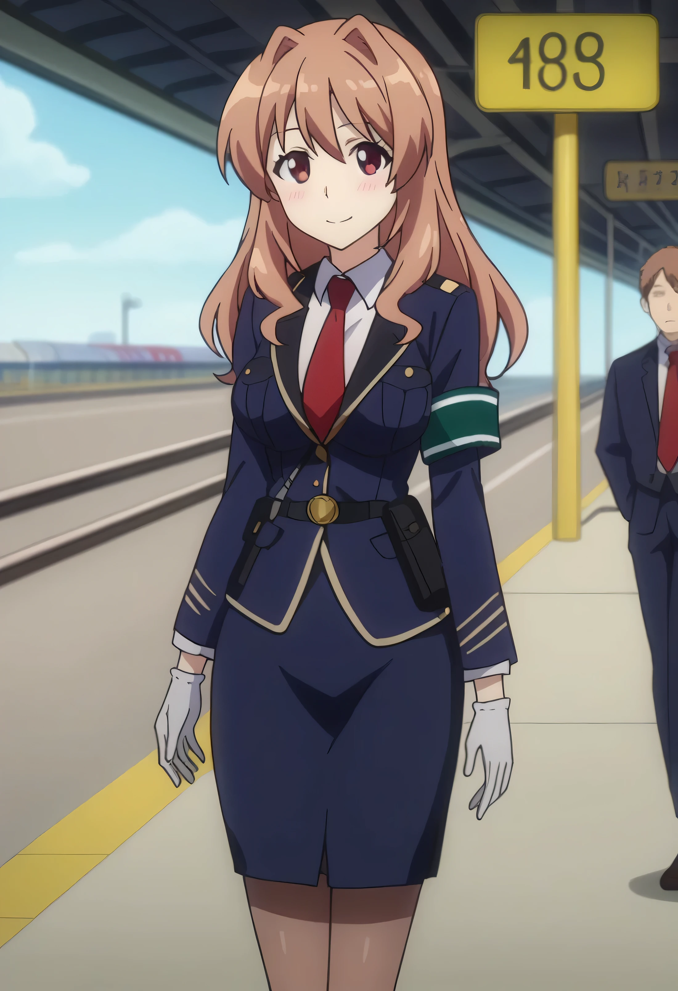 score_7_up, anime screencap,
1girl, solo, closed mouth, light smile, blush,
long hair, brown hair, brown eyes,
HarukaUniform, blue jacket, white shirt, red necktie, green armband, white gloves, pencil skirt, blue skirt, brown pantyhose,
standing, looking at viewer, thigh gap, cowboy shot,
blurry background, train station, rail tracks