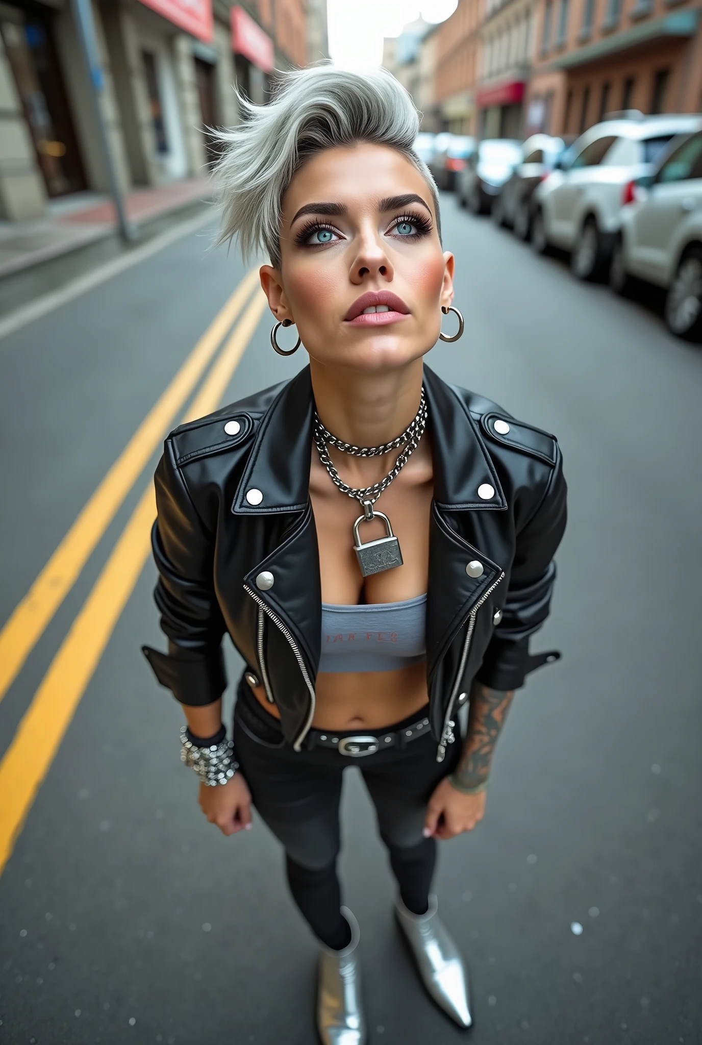 russian old milf woman, grey hair (quiff shaved sides), with very light blue eyes, extremely pale. Wearing cropped black moto jacket (badges on lapels), tank top with rock logo, skinny leather jeans and silver pointy Chelsea boots with cuban heels . Lots of metallic wide silver bracelets, a tacky chain and a padlock as a collar.mTacky studded leather belt with oversized chanel buckle. Wide loop earrings. Standing up, eyes and mouth wide open in amazement. Tilted head. Tattooed. Hands on her pockets. Chin up, looking up listening in amazement to God. Well toned abdominals, thin legs and thin arms.
