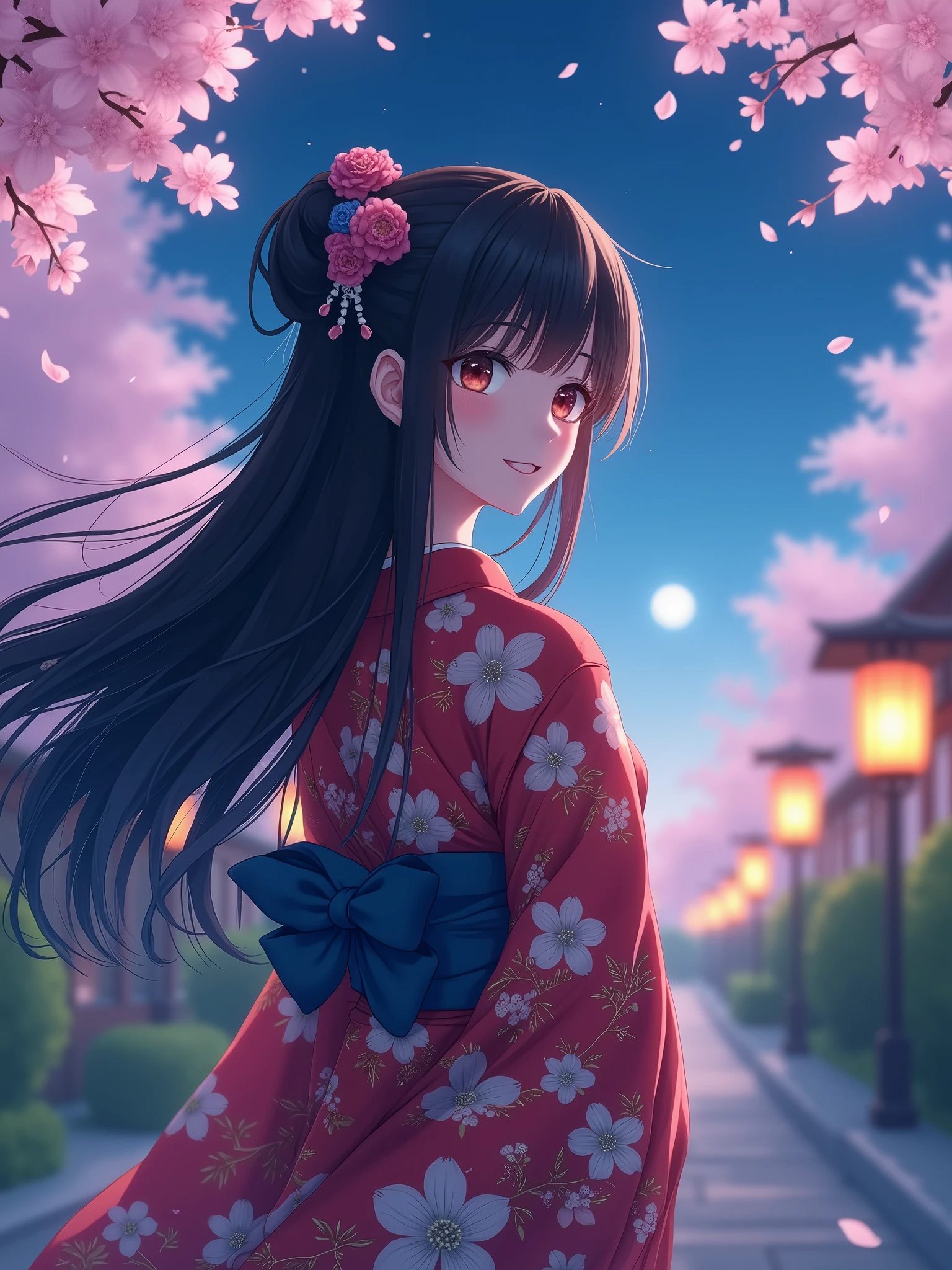 4K, HD, Masterpiece, Anime Girl, Using Kimono, Long Black Hair, Night, little smile, Cute