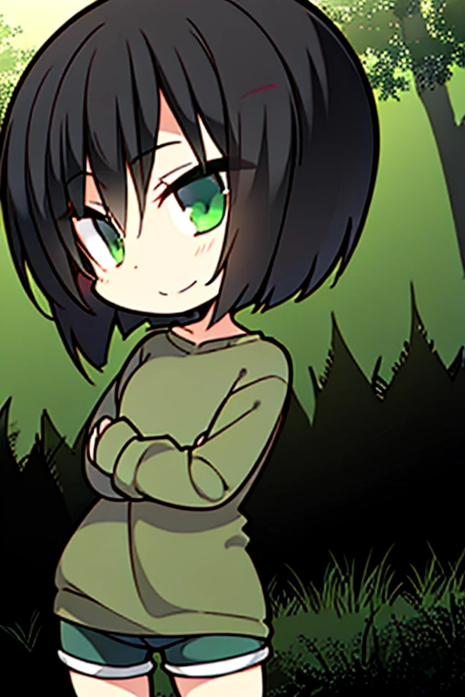 Perfect face. Perfect hands. A black haired boy with green eyes and short hair in shorts and Gothic t-shirts is smiling in a creepy forest