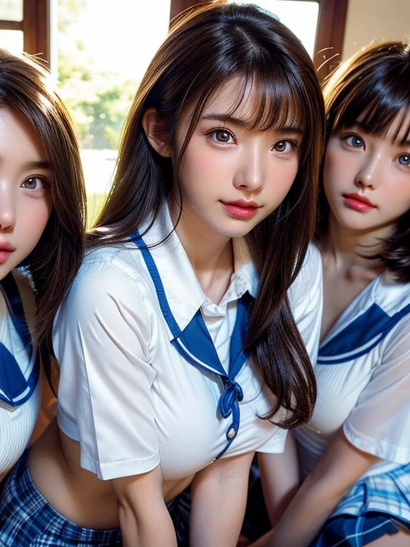 ((masterpiece, highest quality)), (Super detailed), ((super cute)), (Multi-point), ((very detailed)), 4k, highest quality, (beautiful), hyper cute face, Perfect Face, hyper genuineistic, Close-up, clear outline, (three cute school girls:1.5), (summer school girl uniform :1.3), ((beautiful eyes)), (leaning forward:1.3), natural skin texture, big breasts, All Fine Girls, Wow Girls, romantic ambiance, Highly detailed CG, look shyly at the viewer