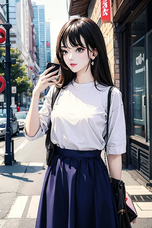 Highest quality、masterpiece、High sensitivity、High resolution、Detailed Description、Slender women、Standing on the street, looking at a cell phone、holding a large bag.、
