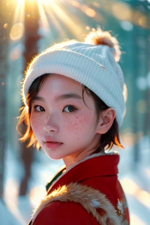 a beautiful japanese college girl with some freckles on her face inspired by hamada hideyaki shot by contax g1 with portra 800 film roll, ((short hair)),  ((snowy pine forest)),winter,scenery:1.25,((intricate scenery)),((snow forest background)), ((sun rays))