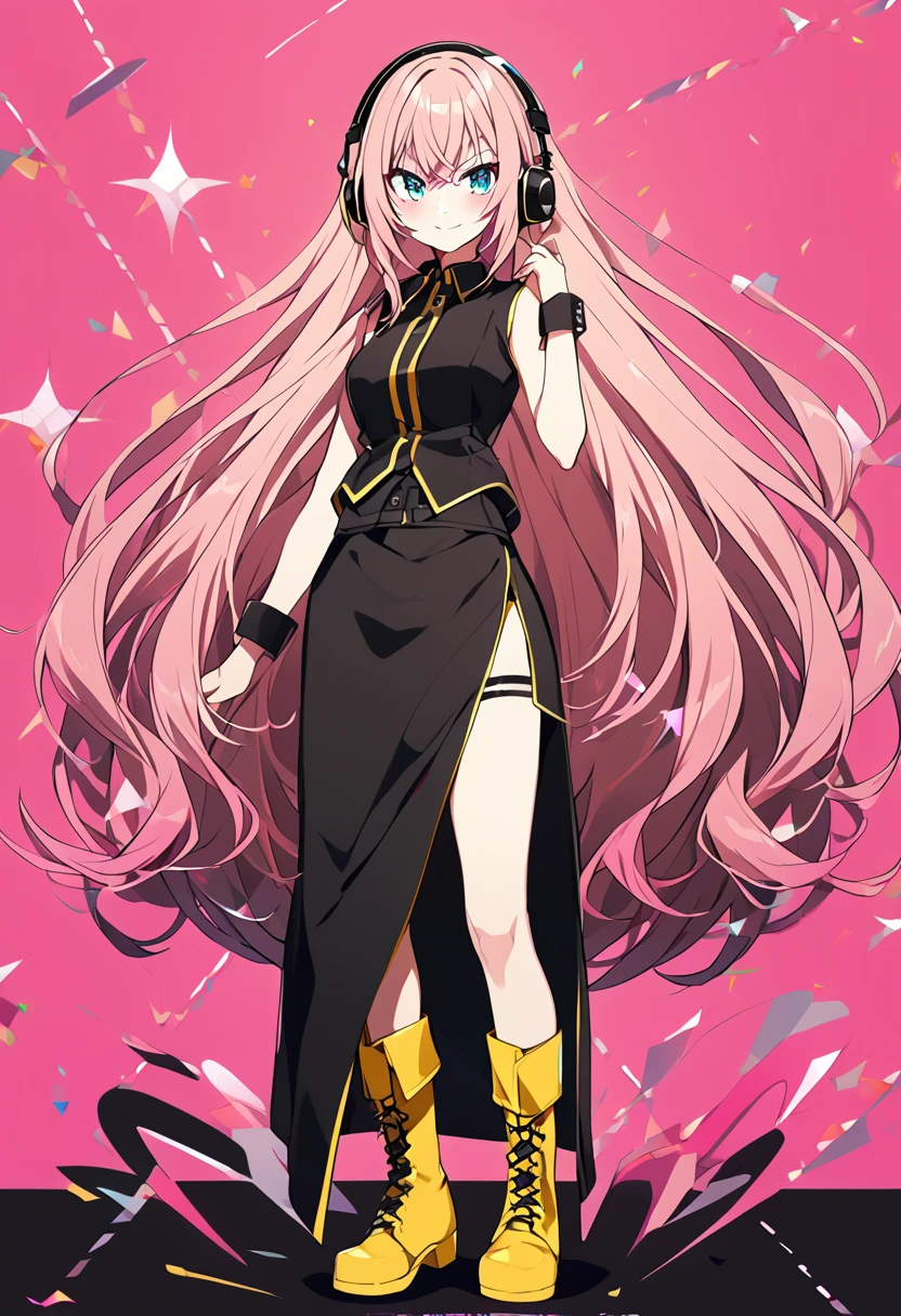 1 girla(vocaloid, luka megurine, pink hair, long hair, straight hair, black headphone, sleeveless black short suit, side slit black skirt, yellow long boots)