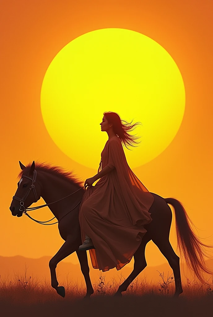 Ankitha, 2D image, Large yellow sun in background, women walking side view, Pony, worrier women