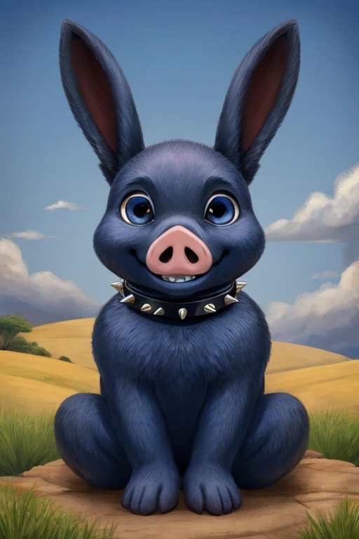 Dark blue baby rabbit, sharped teeth, pig nose, eyes large, Grinning, wearing a black spiked collar, gazing at viewer, sitting on a hill