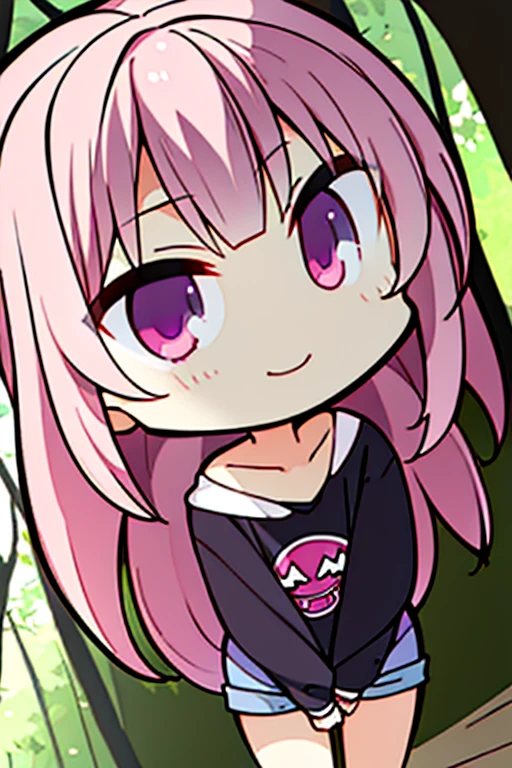 Perfect face. Perfect hands. A pink haired girl with violet eyes in shorts and Gothic t-shirts is smiling while leaning forward in a creepy forest