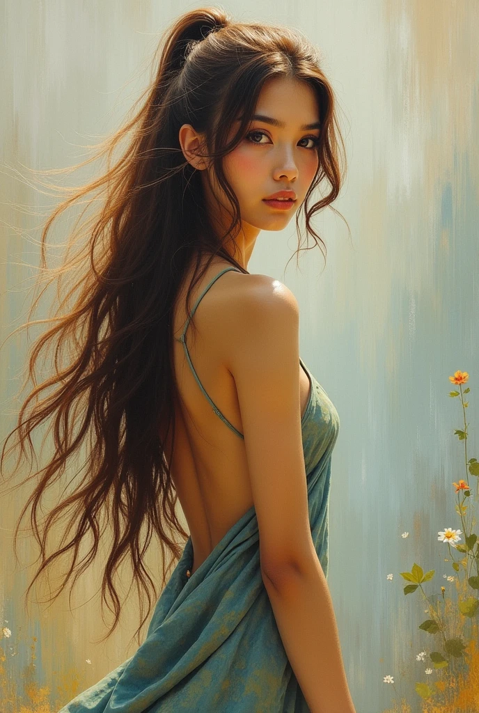 One person turning around, Long Hair, Gaze, Brown Hair, Abstract painting, Shangri-La、Simple Background, 