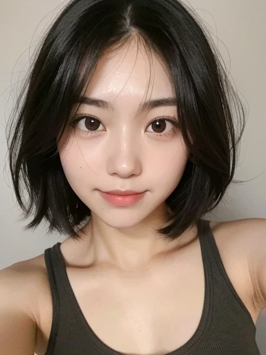 Photo of one girl, Symmetrical face、Highly detailed face and skin texture、No makeup、A small smile、(looking at the camera)、Unkempt eyebrows、Symmetrical black eyes、Messy medium-short hair、Thick hair、Coarse hair、High-quality khaki tank top、nice, Japanese Gravure Idol