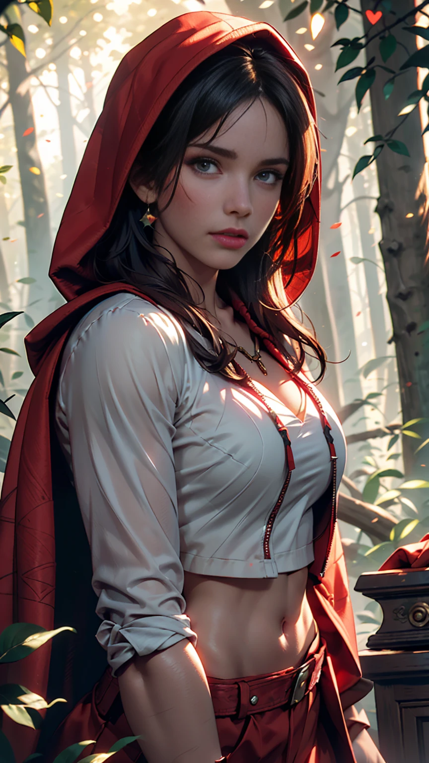 Lara Croft in the Forest(tomb raider)Close-up portrait of, (Backlight), Realistic, masterpiece, Highest quality, ((Red hooded cloak)), ((Scared )), Lens flare, Shadow, bloom, (( Flash of light)), [chromatic aberration], by Jeremy Lipking, by Antonio J. Manzanado, by (Alphonse Mucha), Digital Painting