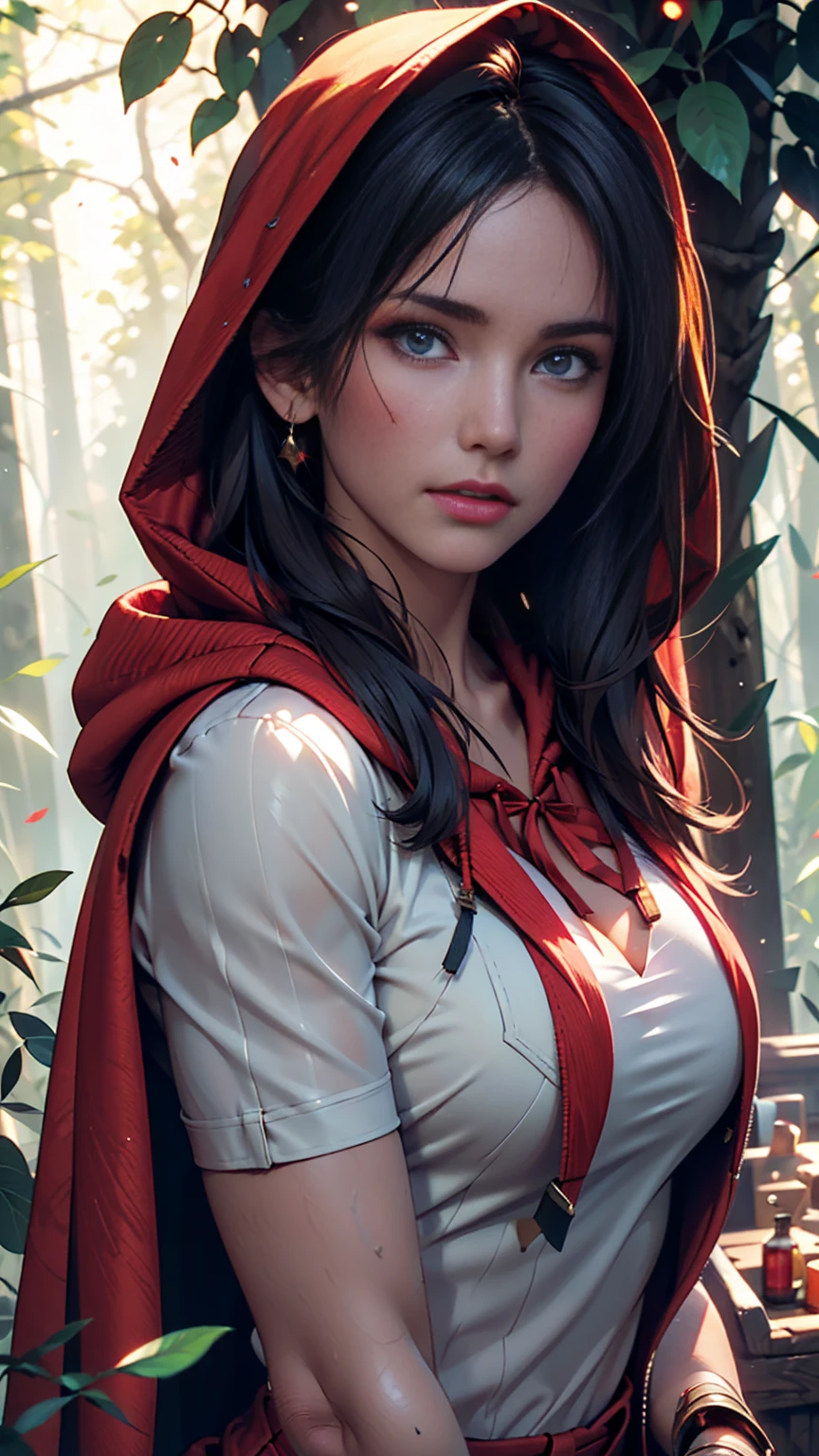 Lara Croft in the Forest(tomb raider)Close-up portrait of, (Backlight), Realistic, masterpiece, Highest quality, ((Red hooded cloak)), ((Scared )), Lens flare, Shadow, bloom, (( Flash of light)), [chromatic aberration], by Jeremy Lipking, by Antonio J. Manzanado, by (Alphonse Mucha), Digital Painting