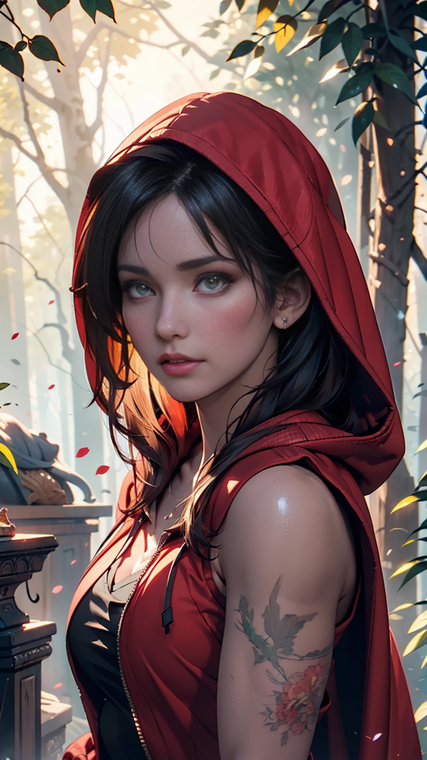 Lara Croft in the Forest(tomb raider)Close-up portrait of, (Backlight), Realistic, masterpiece, Highest quality, ((Red hooded cloak)), ((Scared )), Lens flare, Shadow, bloom, (( Flash of light)), [chromatic aberration], by Jeremy Lipking, by Antonio J. Manzanado, by (Alphonse Mucha), Digital Painting