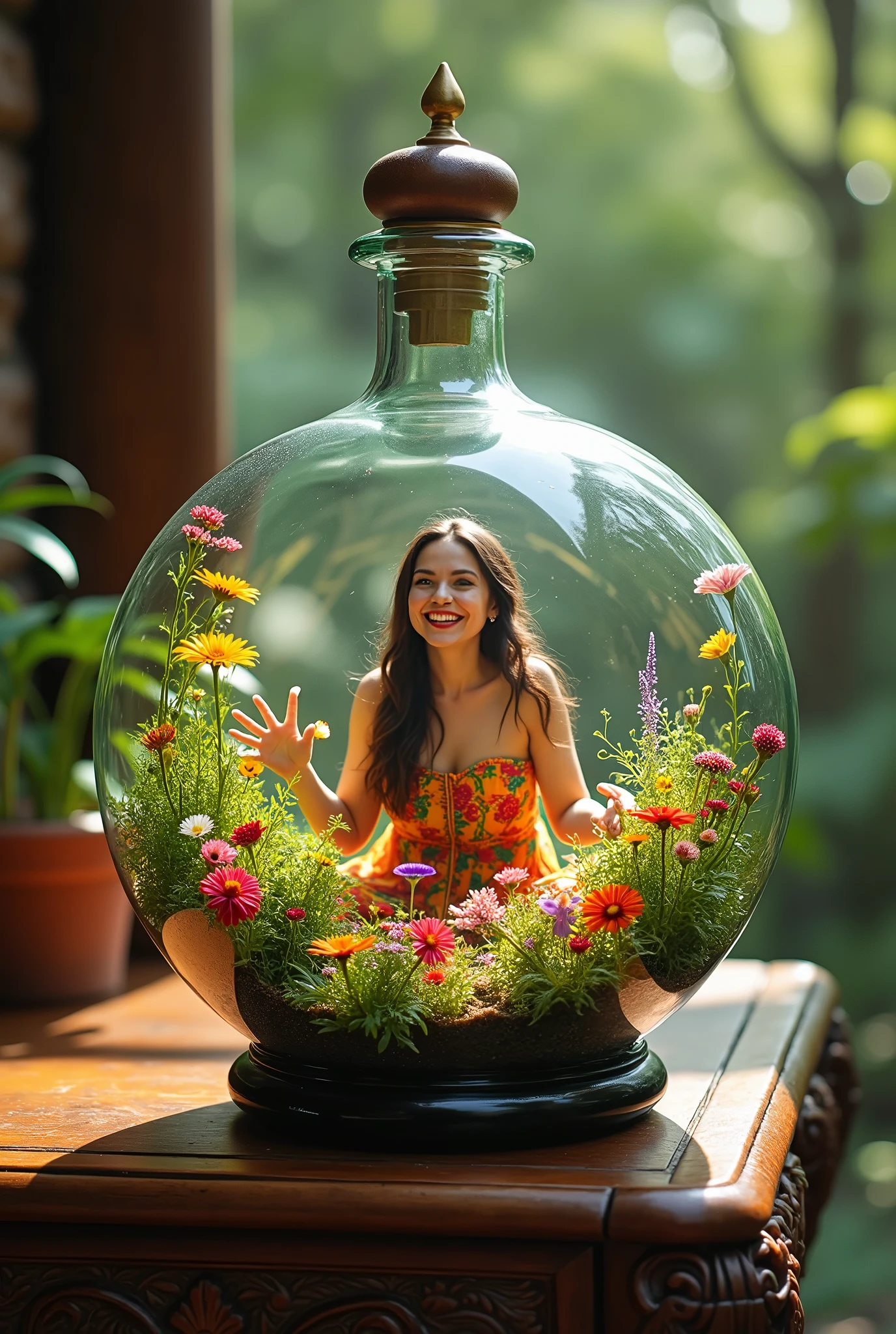 Create an image of a beautiful woman in a colorful dress, excited and smiling. The woman should be inside a round transparent glass bottle, and the scene inside the bottle should be a detailed and vibrant garden. The bottle itself should be placed on an intricately carved wooden table. The woman should not be carrying anything and should be looking forward with anticipation. The image should highlight the contrast between the lush garden inside the bottle and the ornate wooden table outside. EasyNegative, (worst quality, low quality:1.4), (((deformed))), distortions in the hands, face, and other parts, more than 1 character, hands visible