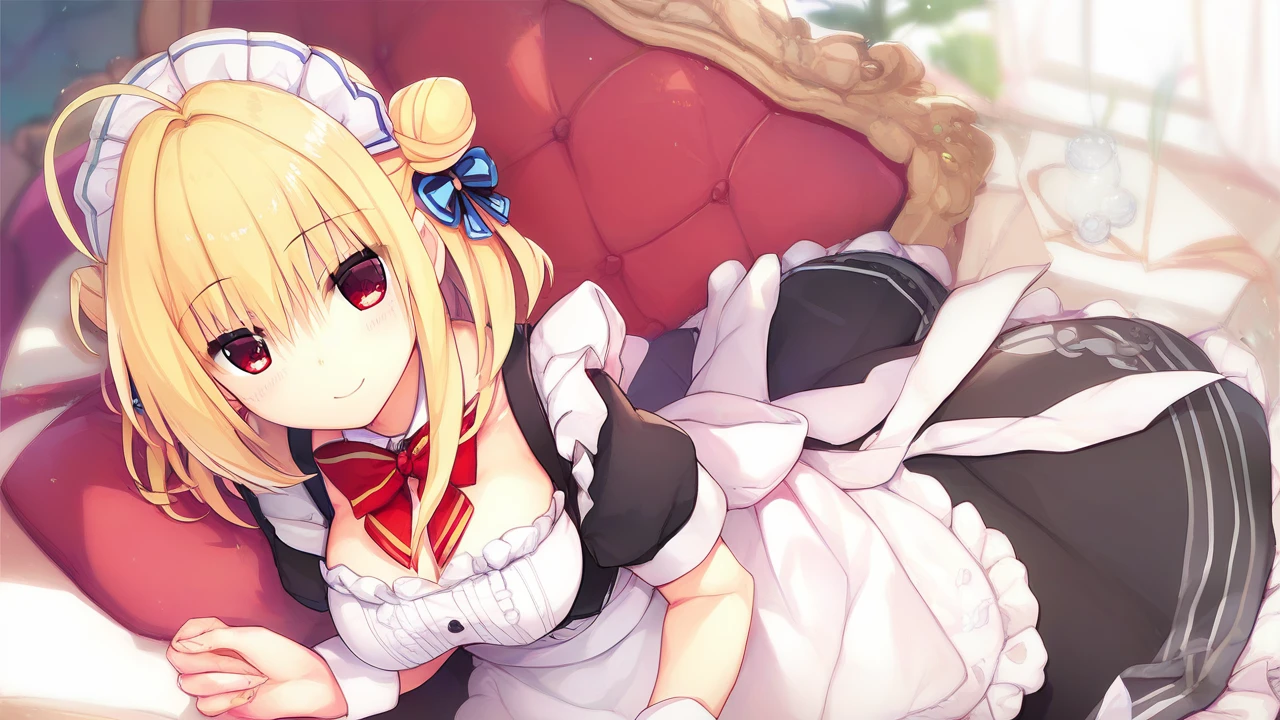 hiyori-default,red eyes,blonde hair, double bun,ahoge,maid,maid costume,maid_headdress,bowtie,black_pantyhose,smiling,