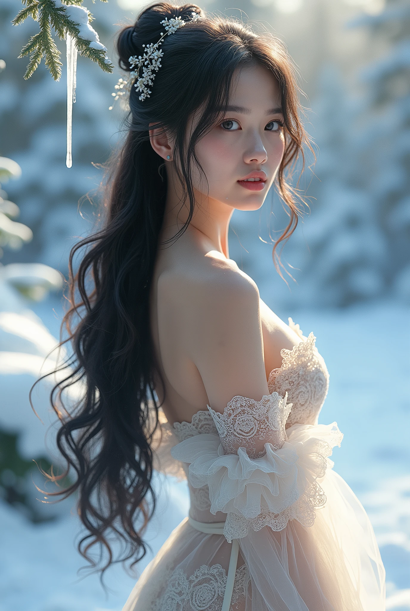 (((masterpiece))), best quality, illustration, 4k wallpaper, film light, absurd, 1 Vietnamese girl, (snow, ice), snow, in winter, black hair, shiny hair, curly hair, hot body, big breasts, transparent clothes, ruffles, lace, wet clothes, off the shoulder, hair tie, masterpiece, telephoto lens, absurd, Exquisite facial features,record,Poster layout,elegant pose,,Natural light,Soft light,(Seven-part combination) ,magnificent,Dream like and magical,mysterious