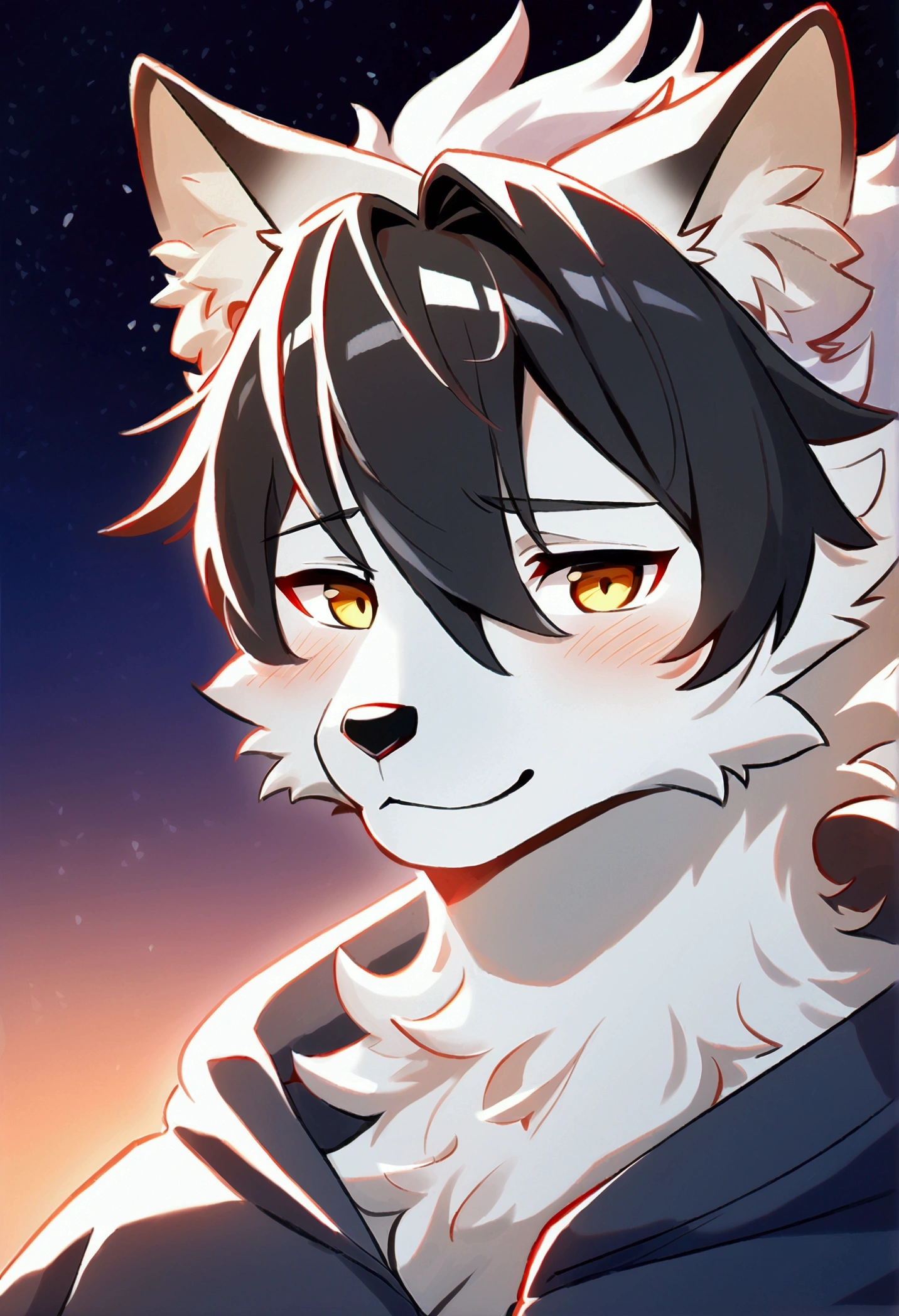 top quality, best quality, High-quality illustrations, masterpiece, 16k, 1080p, uploaded on e621)(kemono, furry, anthro, alone), round, 1 male, hot father figure, slim body, very detailed body face and eyes, white fox, Tiare, (Alchemy Stars), white fur, fluff, tail, perfect eyes, yellow eyes, black hair, beautiful winter clothes, winter hoodie on, beautiful night, body movement, body twitching, shy smile, red blushing,