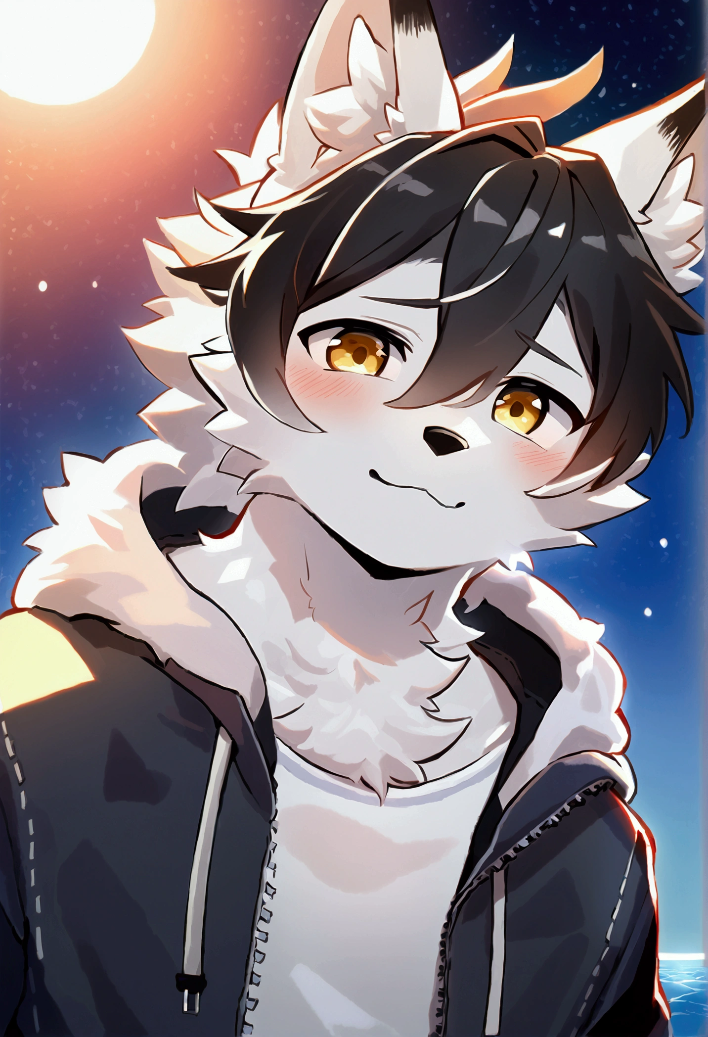 top quality, best quality, High-quality illustrations, masterpiece, 16k, 1080p, uploaded on e621)(kemono, furry, anthro, alone), round, 1 male, hot father figure, slim body, very detailed body face and eyes, white fox, Tiare, (Alchemy Stars), white fur, fluff, tail, perfect eyes, yellow eyes, black hair, beautiful winter clothes, winter hoodie on, beautiful night, body movement, body twitching, shy smile, red blushing,