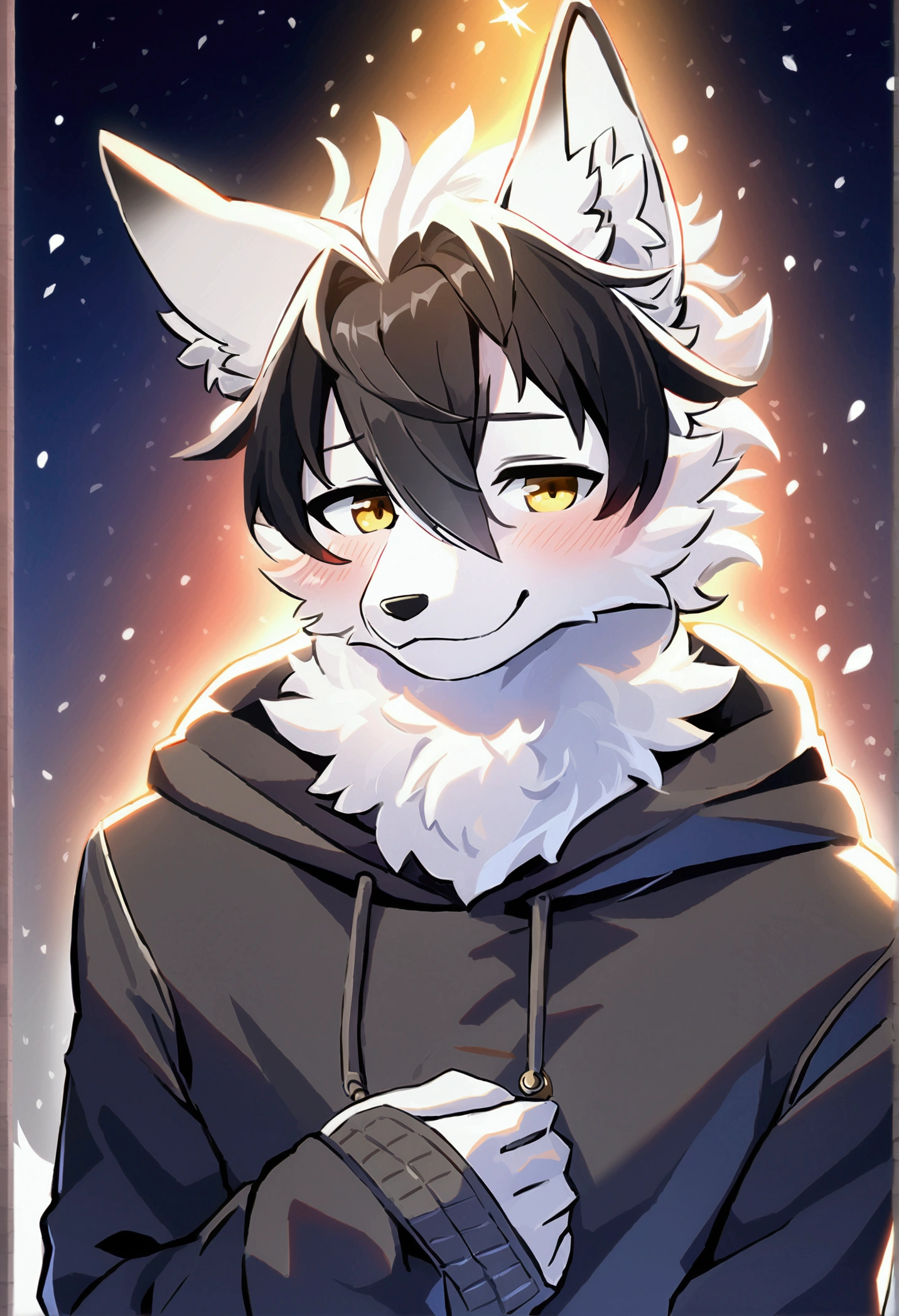 top quality, best quality, High-quality illustrations, masterpiece, 16k, 1080p, uploaded on e621)(kemono, furry, anthro, alone), round, 1 male, hot father figure, slim body, very detailed body face and eyes, white fox, Tiare, (Alchemy Stars), white fur, fluff, tail, perfect eyes, yellow eyes, black hair, beautiful winter clothes, winter hoodie on, beautiful night, body movement, body twitching, shy smile, red blushing,