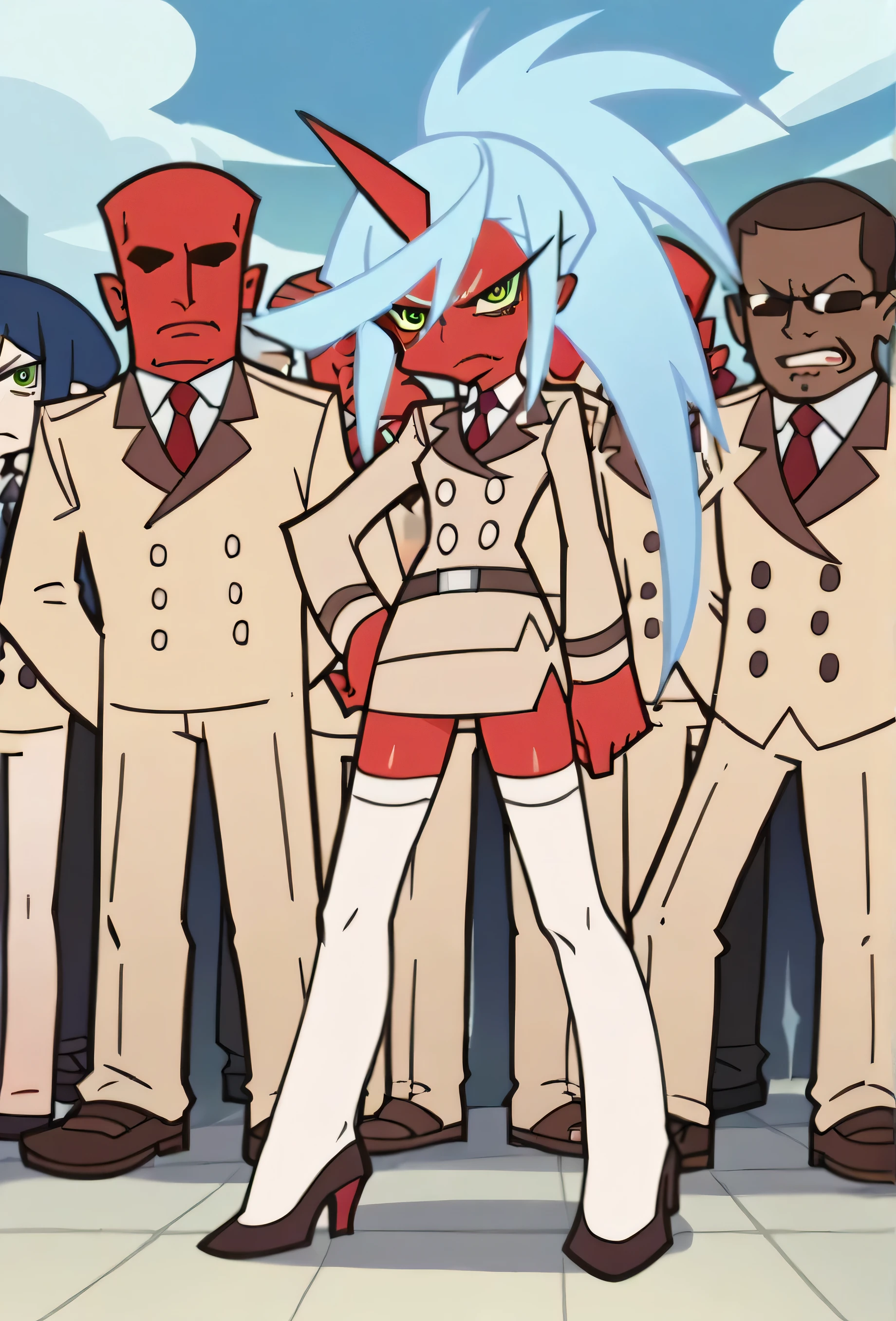 (nsfw:1), (Uncensored:1), p&s style, rating_safe, score_10, sharp, anime screencap, flat shadows, flat colors,1girl, 5 men, (full body:1.3), (cowboy shot), , anime screencap, flat shadows, flat colors, kneesocks, glasses, red skin, blue hair, ponytail, horn, demon horn, beige uniform, (((beige skirt suit))), necktie, (((miniskirt))), (((beige blazer))), (((brown lapel))), (((belt))), (((white thighhighs))), high heels, stilettos, shiny skin, oily skin, surrounded by demon men, ambushed, uneasy, intimidated, fearful expression

