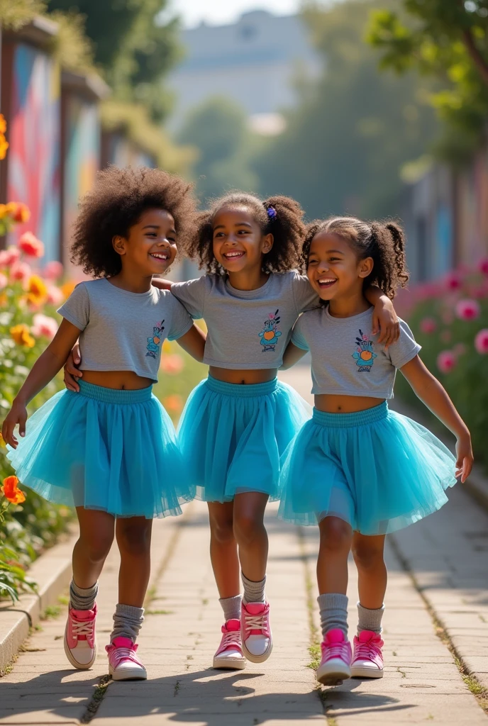 Cute brown girls, wearing gray crop top, blue short skirt, gray socks with pink shoes 