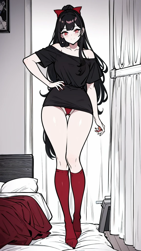 using pantimedies, wavy black hair, piercing look with deep red eyes, average stature, Silky hair with a ponytail hairstyle collected with a red bow with two white lines, has a vagina, has breasts, cup of breasts, small breasts, slim, foreground, Session, sitting in her room, standing in his room, wearing pantyhose, using pantimedies, Picardias, neckline, looking at the viewer, lascivious smile, ((oversized t-shirt)), off the shoulders, without pants, washing machines, thighs, ((White T-shirt)), standing, hands on the hips,, shoes, blush, from below, thighs gorditos, thighs grandes, big ass