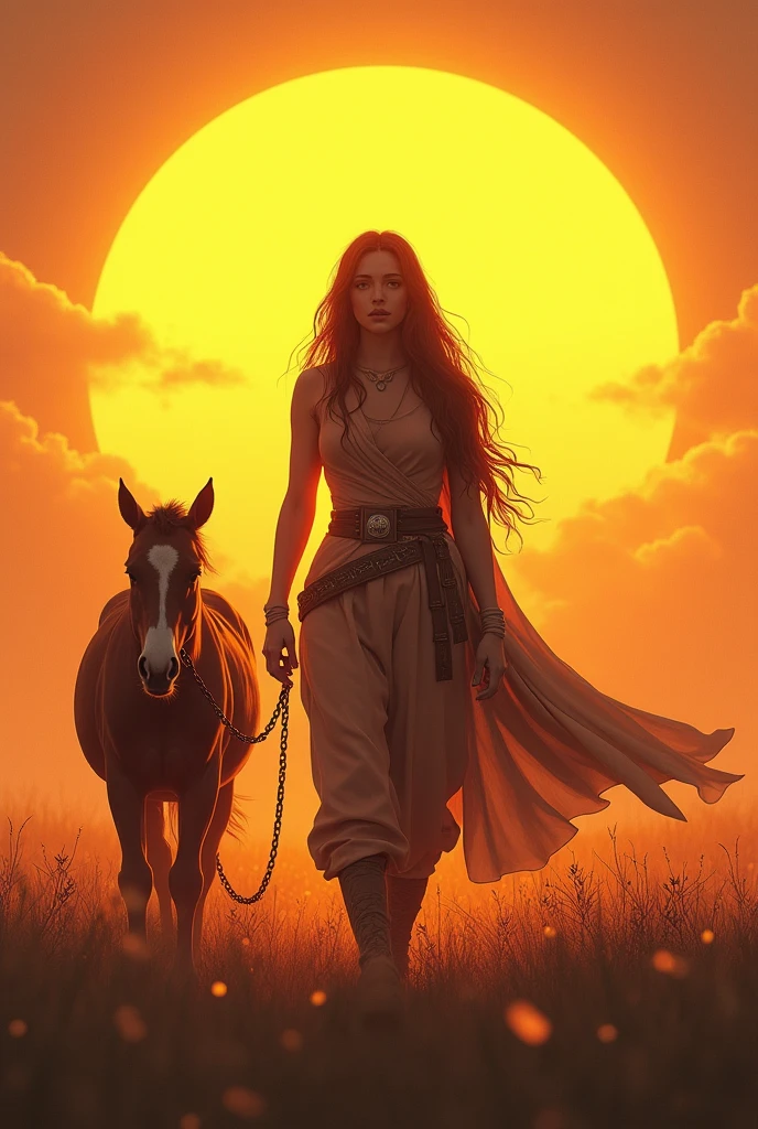 a highly detailed 2D digital illustration of a woman walking alone in a landscape with a large yellow sun in the background, beautiful woman with long hair, detailed portrait, detailed face, detailed eyes, detailed lips, detailed hands, detailed clothing, pony standing beside her, warrior woman expression, atmospheric lighting, vibrant colors, cinematic composition, photorealistic, (best quality,4k,8k,highres,masterpiece:1.2),ultra-detailed,(realistic,photorealistic,photo-realistic:1.37)