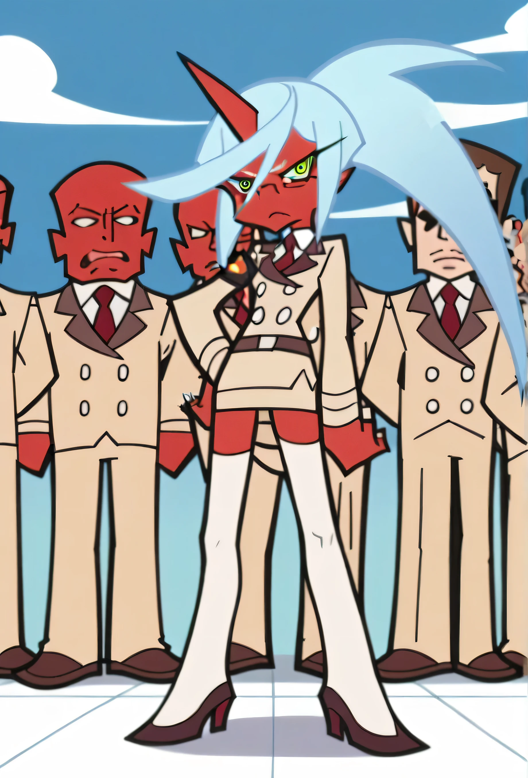 (nsfw:1), (Uncensored:1), p&s style, rating_safe, score_10, sharp, anime screencap, flat shadows, flat colors,1girl, 5 men, (full body:1.3), (cowboy shot), , anime screencap, flat shadows, flat colors, kneesocks, glasses, red skin, blue hair, ponytail, short, horn, demon horn, nervous expression, looking to the side, beige uniform, (((beige skirt suit))), necktie, (((miniskirt))), (((beige blazer))), (((brown lapel))), (((belt))), (((white thighhighs))), high heels, stilettos, shiny skin, oily skin, surrounded by demon men, ambushed, uneasy, intimidated, fearful expression