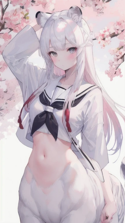 (best quality, masterpiece), 1 girl, centaur, I beg, White skin, Japanese schoolgirl,black pink, exposing the abdomen, beautiful girl perfect, White tiger photo, 완벽한 White tiger photo