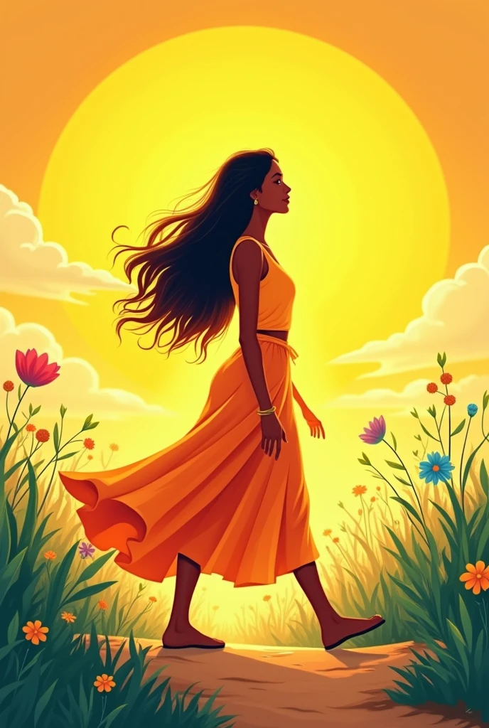 Ankitha, 2D image, Large yellow sun in background, women walking side view