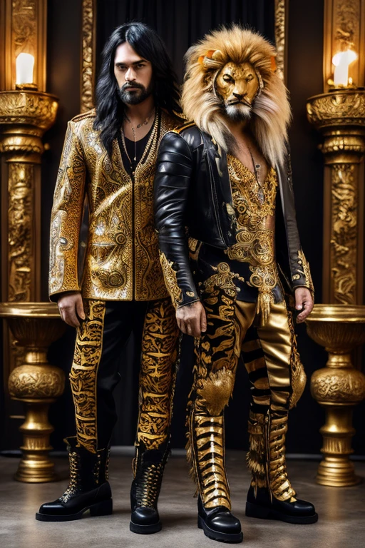 masterpiece, best quality, cartoon, 2men, tiger-man, wearing pants of tiger fur,  black leather boots, bare upper body, human hands, long black hair, tiger head, 
lion-man, wearing pants of lion fur,  gold leather boots, bare upper body, human hands, long gold hair, lion head, 