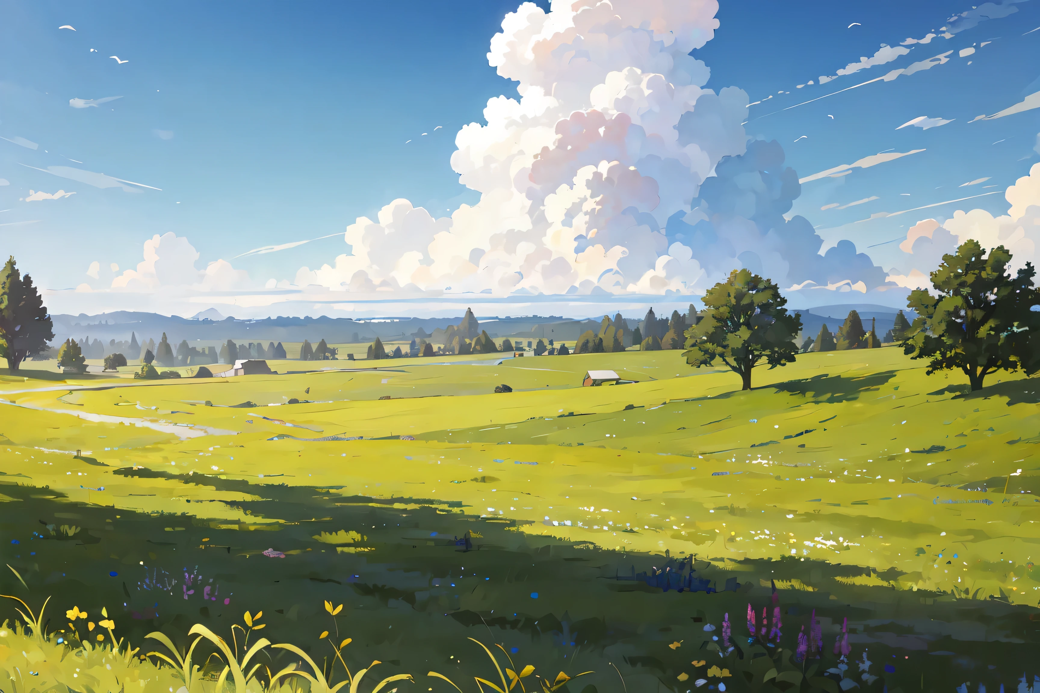[grassland | forest], partly cloudy, From the front