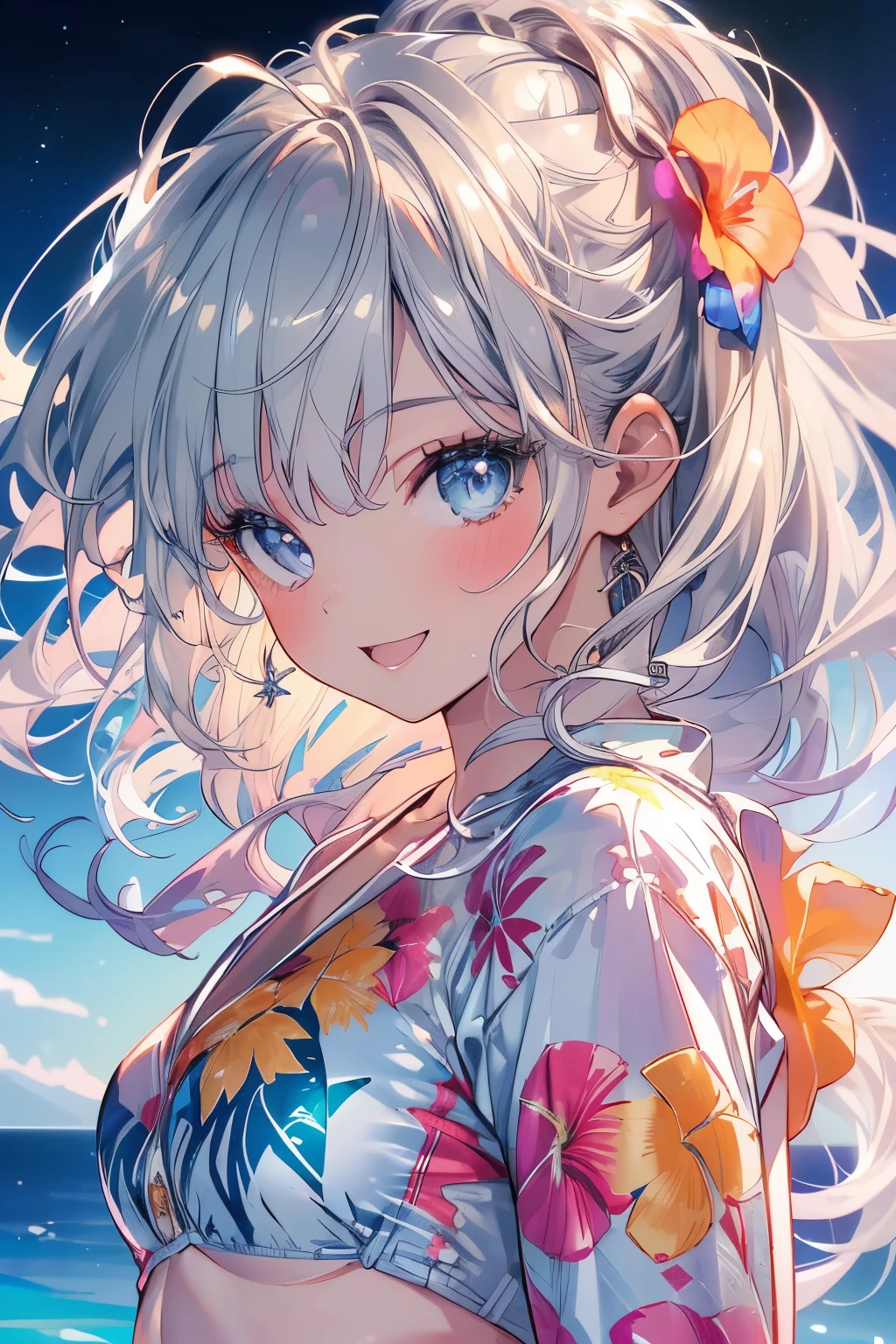 (Best quality,4K,8K,High resolution,Masterpiece:1.2),Super detailed,(Actual, Realistic),highly detailed, top quality, soft skin,Portrait,
break,
((clear blue eyes:1.2)),smiling eyes,beautiful eyelashes,beautiful lower eyelashes,
break,
((Beautiful and shiny silver hair:1.3)),A dazzling smile, a bursting smile, an open mouth laugh,
break,
very happily,
break,
((beautiful aloha shirt:1.3)),((wearing a beautiful bikini inside:1.3)),
break,
((beautiful night sky:1.3))