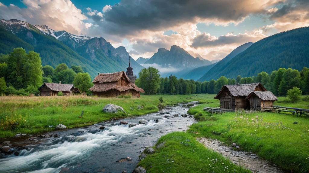 Old Latvian Village,  mystical nature, Rivers, Mountains and forests, waterfall, cloud, Photorealistic photos, It&#39;s not 8k. Aerial view.