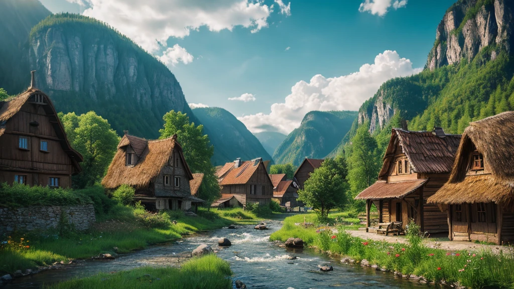 Old Latvian Village, mystical nature, Rivers, Mountains and forests, waterfall, cloud, Photorealistic photos, It's not 8k. Aerial view.