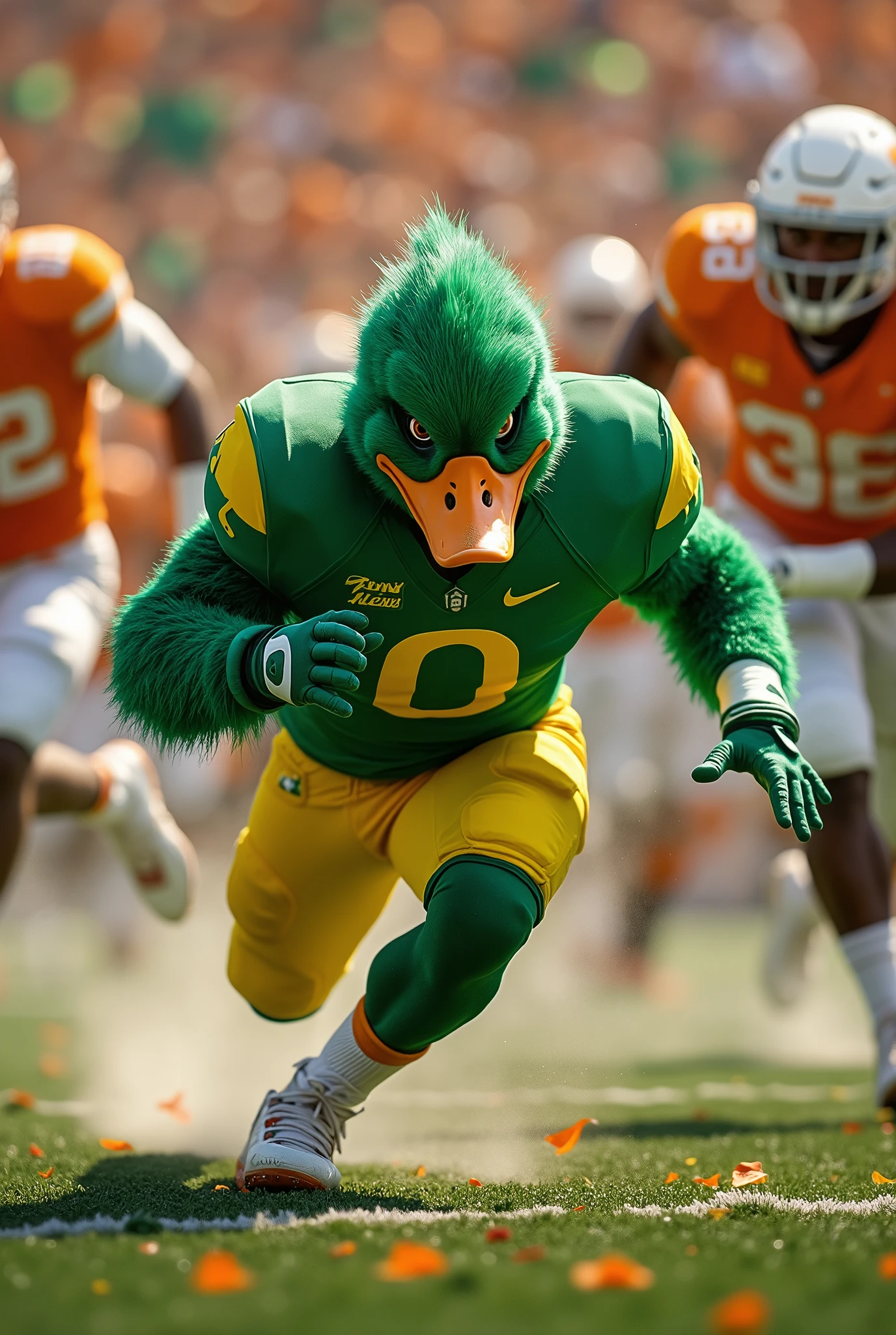make a photo where the oregon duck is fighting the tennessee volunteer but the duck wins and kills the tennessee volunteer.