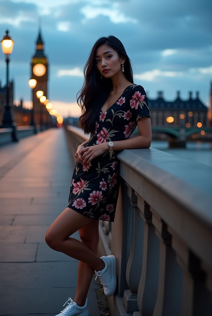 (photorealism:1.2), (photorealism:1.2), Professional portrait, a curve asian woman with long black hair, wearing a black floral dress, white newbalance shoes, leaning againt to the westminster bridge, This image depicts a dusk or early evening scene along the river with beautiful street lights in the foreground, illuminating the path. In the background, the iconic view of the Houses of Parliament and Big Ben in London is visible from across the River Thames. The sky is partly cloudy with shades of blue, photo, portrait photography