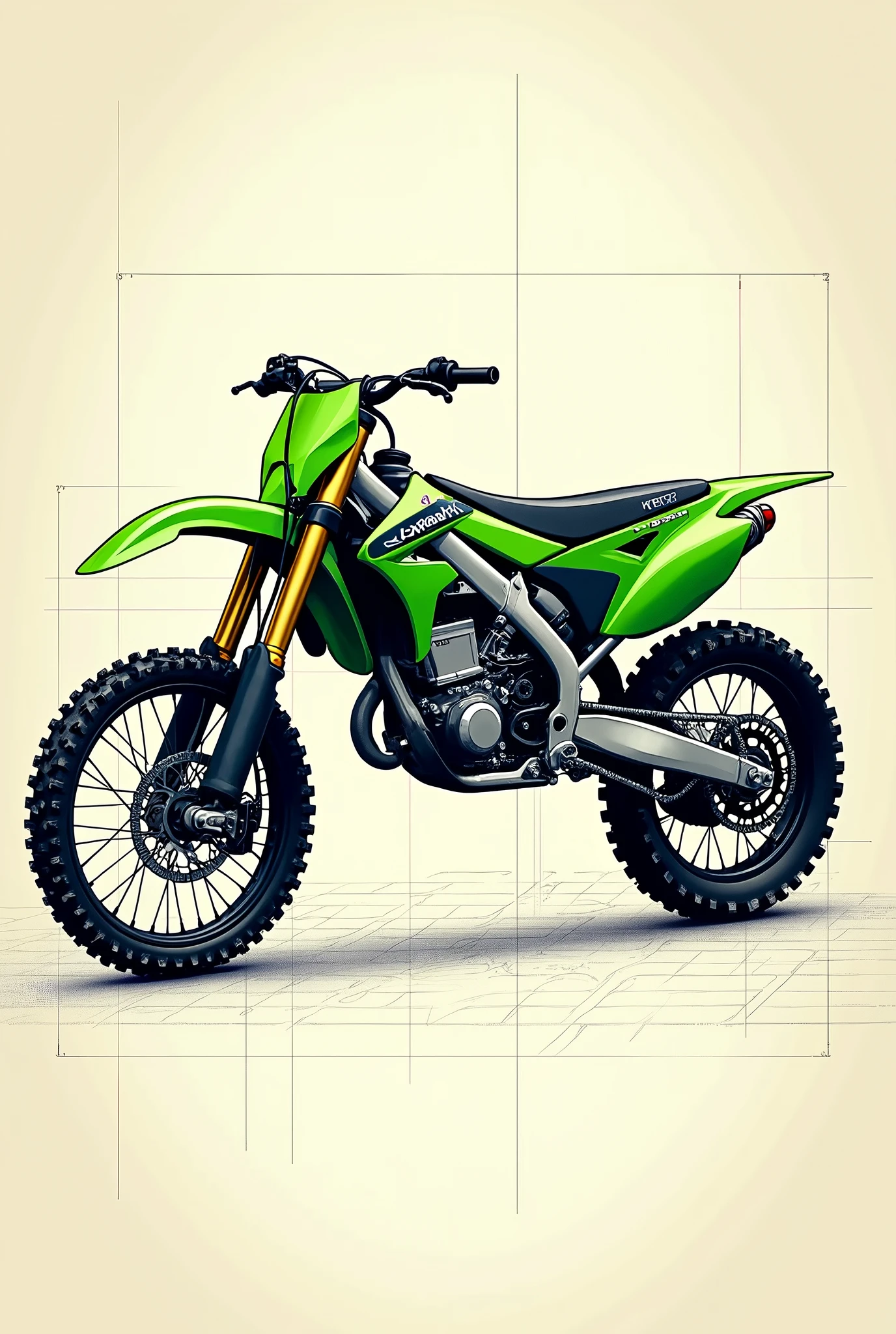 Create a painting of a kawasaki kx 250 dirt bike model. It should be like a technical painting, some what like a blueprint.