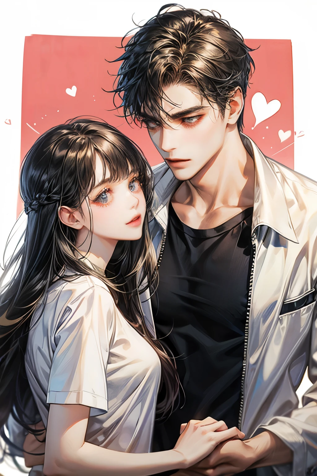 man and woman,Couple taking photos,handsome,A man wearing a white shirt.,A woman wearing one-piece clothing,man and womanยิ้ม,heart,parts, t-shirt,
black hair, simple background, ผมยาว, หน้าม้า,