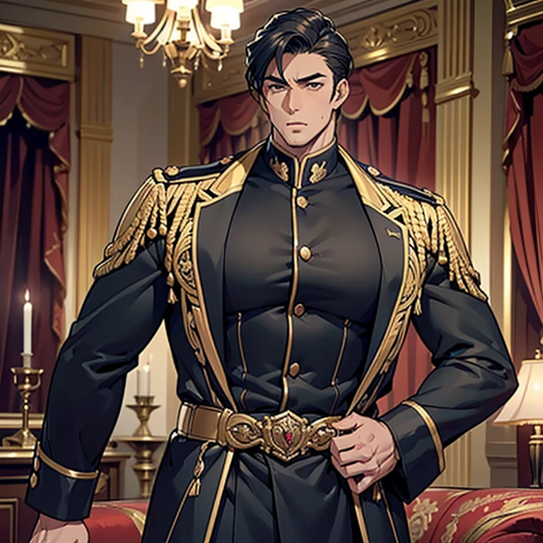 ((A handsome male general stands in a luxurious, dimly lit room. He is dressed in a military uniform that accentuates his muscular build and confidence. The uniform jacket is unbuttoned, revealing a huge manly breast)), NSFW, porn, hentai, His expression is intense and commanding, The soft glow of candlelight highlights the sharp contours of his face and the details of his uniform - creating a sensual and romantic atmosphere,  (The room is decorated with rich, velvet drapes and antique furniture, adding an air of mystery and allure), ((man with huge squishy manly breasts)),