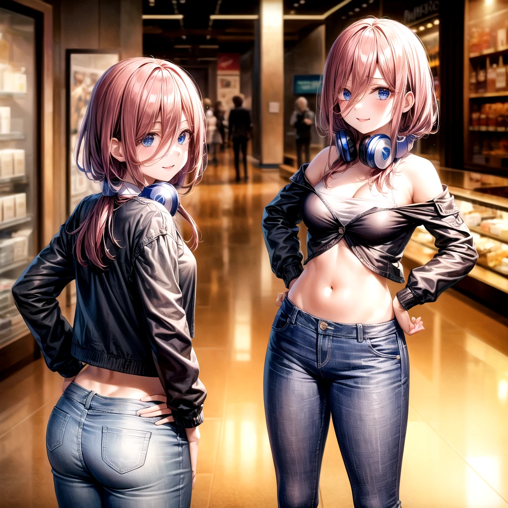 nakano_miku, go-toubun no hanayome ,nm1, brown long hair, hair between eyes, headphones
,Long Hair, Hands on hips, smile, Lips parted , Hot Girls, villain, stare, Glare, Bad attitude, malicious, I'll give, anger, dislike, crazy, smoking, Sensual, Charm, mall, Shopping Centre,Indoor masterpiece,high quality,4K, Bare shoulders,stomach,Crop top,Possession of a pistol,Cleavage,Casual Dresses, shirt, knot,smile, Open your mouth, Evil expressions, exposed stomach, Exposed navel, 露出したstomach部, exposed lower stomach, Crop top overhang, Underbust,Jacket, Jeans without buttons , Low-rise black jeans, Low rise jeans, Low rise jeans with open fly, (((peeing,spreading legs wide,standing)))