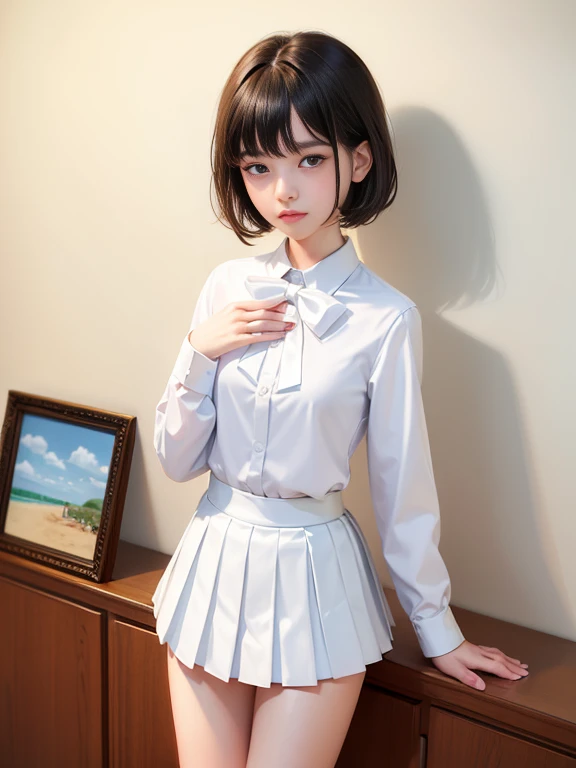 (masterpiece、Highest quality:1.7)、(11 years old:1.5)、(Above the knee shot:1.5)、Bobcut、Black Hair、85mm、16K、Official Art、RAW Photos、Best Beautiful Faces、Close-up、Violet、Gardenia、((The best beautiful girl、very cute))、Red blush on cheeks、indoor、(Are standing:1.8)、Film Grain、Chromatic Aberration、Sharp Focus、(((Nice hands、Perfect hands、Perfect Fingers、Thin and delicate fingers、A perfect body without flaws)))、Detailed face、(Slender body:1.5)、(Slender body:1.4)、(Slim upper body:1.4)、(Small breasts:1.8)、(Let your bangs hang down:1.8)、(Blushing:1.8)、(Low contrast lighting:1.2)、(White tight business blouse with collar:1.5)、(White bow tie blouse:1.4)、(Long sleeve: 1.3)、(A very short white pleated mini skirt:1.8),(Holding his chest with his palm:1.5)、Low angle from below
