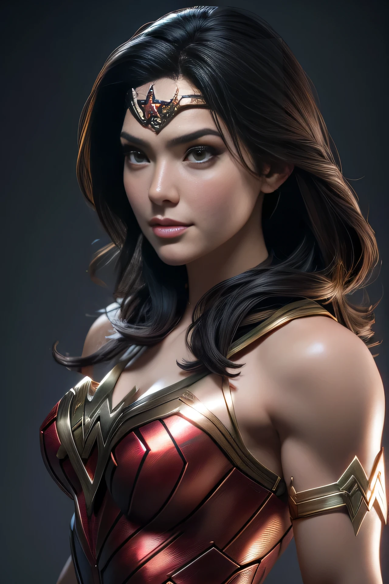 Wonder woman, Portrait photography by artgerm, In the style of realism, glistning skin, Cartoon Core, Mangacore, Natural lighting, Defined full lips. Muscular Fitness Feminine Body, full bodyesbian,