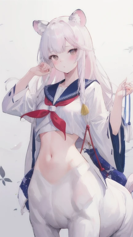 (best quality, masterpiece), 1 girl, centaur, I beg, White skin, Japanese schoolgirl,black pink, exposing the abdomen, beautiful girl perfect, White tiger photo, 완벽한  White tiger photo